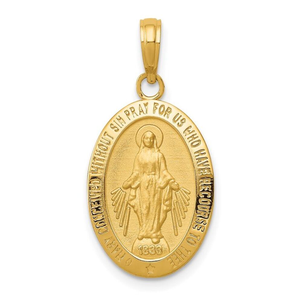 14k Yellow Gold Solid Oval Miraculous Medal Pendant, 13 x 26mm